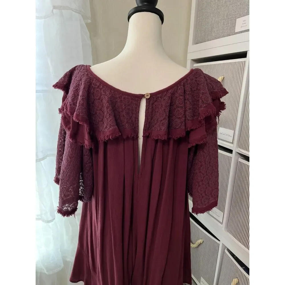 Free People Rush For Ruffles Romper Burgundy Boho Ruffle Lace Size M